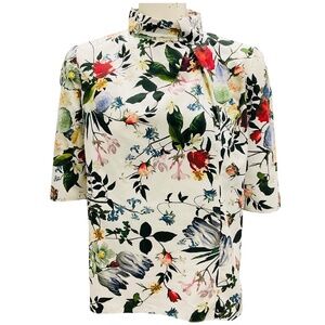 ERDEM WHITE MULTI FLORAL SHORT SLEEVED BLOUSE